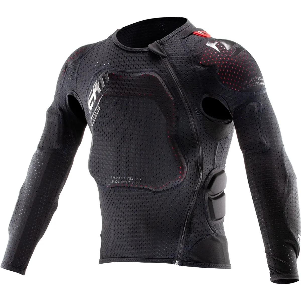 Das Leatt Body 3DF AirFit Lite Protektorenshirt Junior S/M in Schwarz verfügt über Mesh-Gewebe, rote Akzente und schützende Polsterungen an Brust, Schultern und Ellbogen - ideal als zuverlässiger Protektor für junge Fahrer.