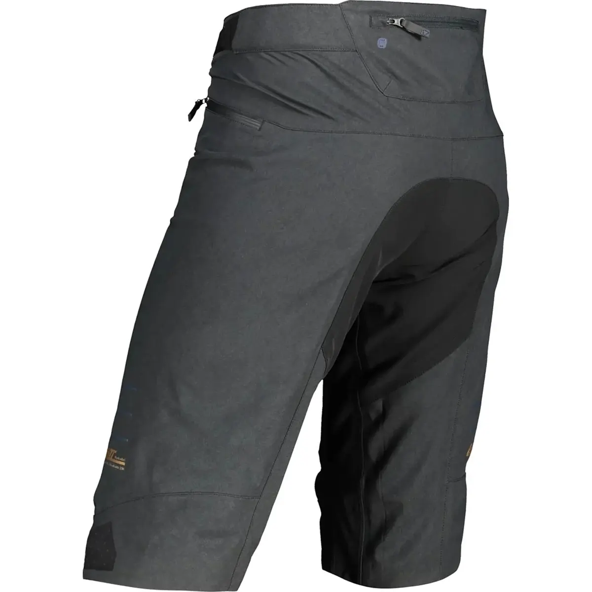 Leatt DBX 5.0 MTB Radhose in Größe S, schwarz, mit dunklem Design, Reißverschlusstaschen und verstärktem Sitzbereich - ideal für Enduro-Touren, hier von hinten gezeigt.