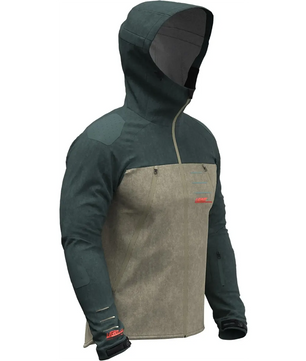Die Leatt MTB All Mountain 5.0 Jacke (Größe S, Grün) von Leatt zeichnet sich durch dunkle Ärmel, Kapuze und obere Brustpartie mit hellbraunem Körper aus. Abgebildet an einer Schaufensterpuppe, enthält sie die HydraDri Membran für ein wasserdichtes Mountainbike-Jacken-Erlebnis.