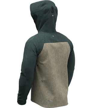 Zweifarbige Leatt MTB All Mountain 5.0 Jacke Größe S in Grün von Leatt, mit dunkelgrüner Kapuze und Ärmeln und hellbraunem Rücken, von hinten gesehen.