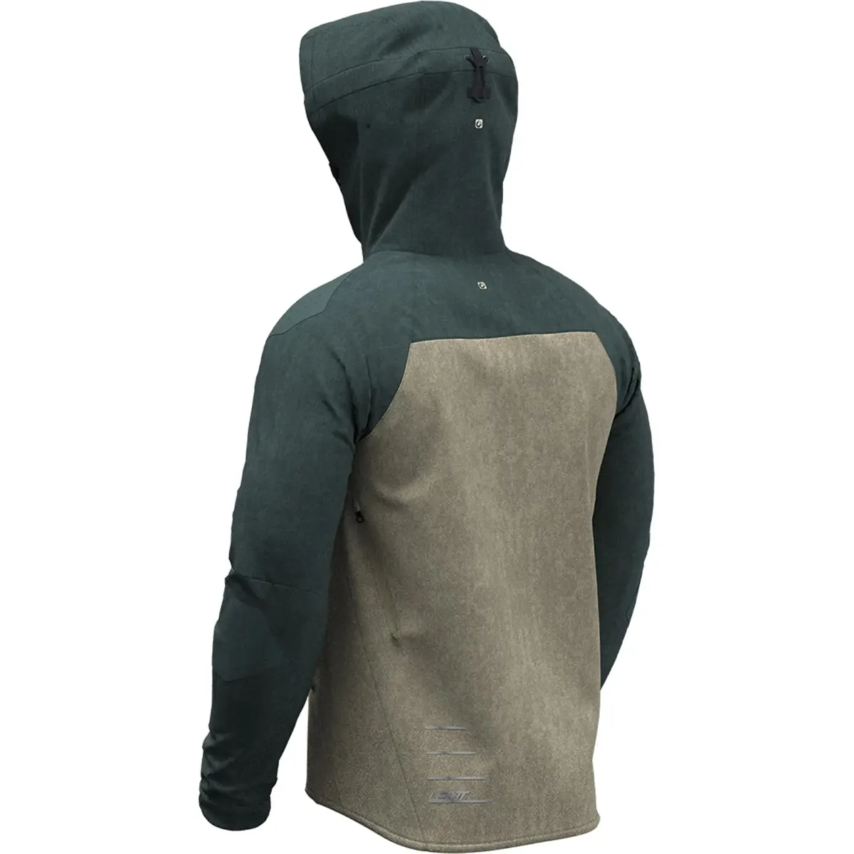Zweifarbige Leatt MTB All Mountain 5.0 Jacke Größe S in Grün von Leatt, mit dunkelgrüner Kapuze und Ärmeln und hellbraunem Rücken, von hinten gesehen.