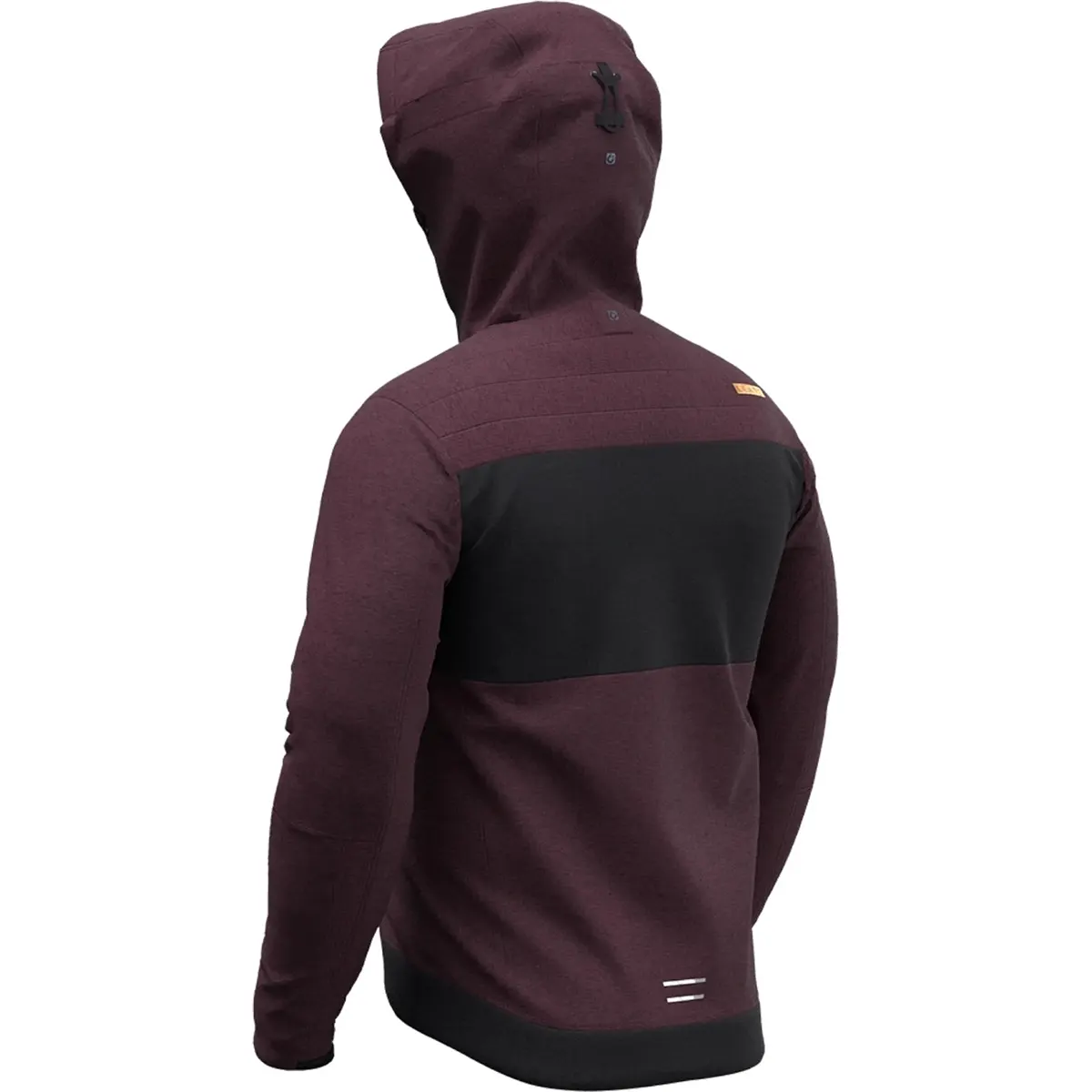 Rückenansicht einer Leatt MTB Trail 3.0 Jacke in Größe M, Violett, mit schwarzem Querstreifen und Kapuze, getragen von einer Person.