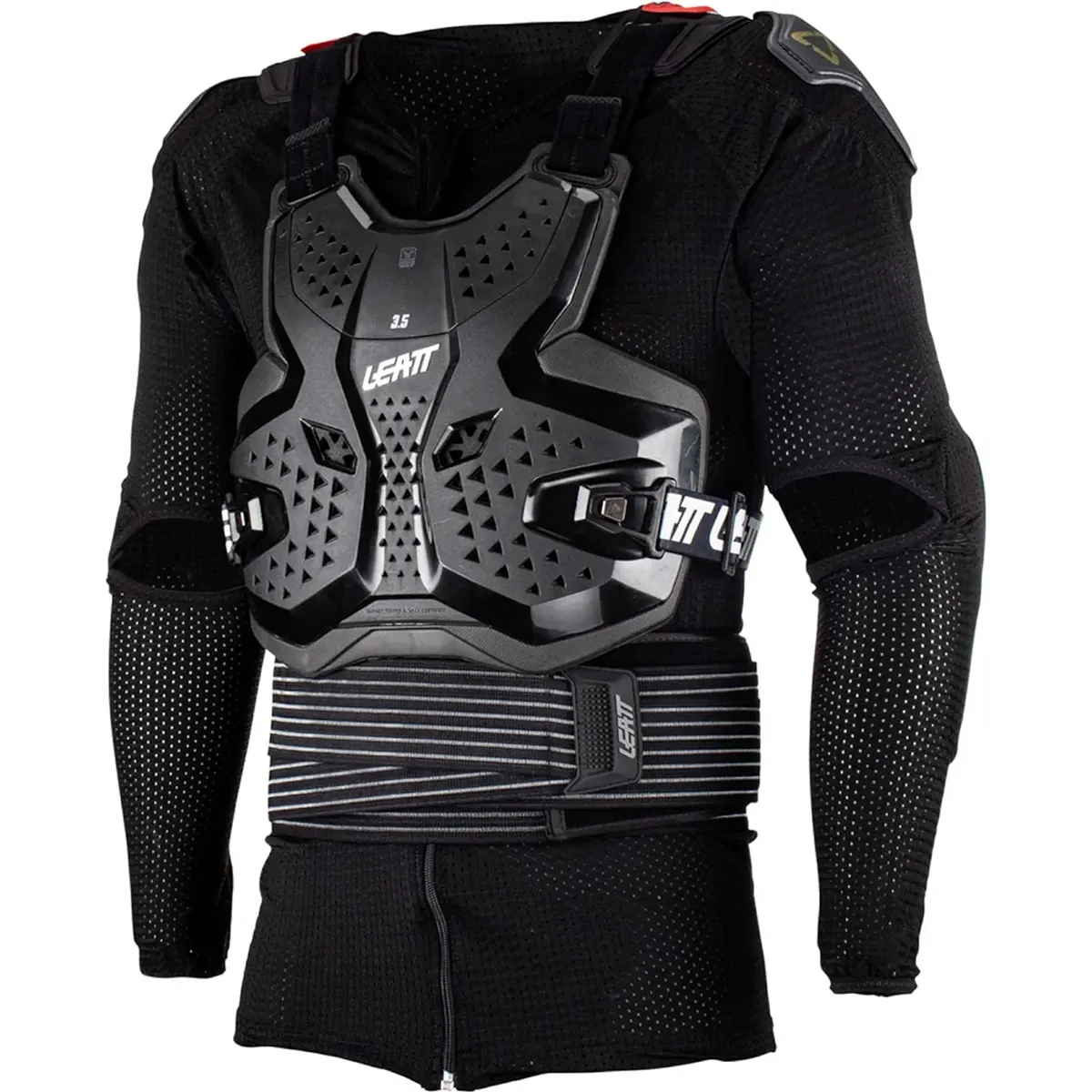 Die Leatt Protektor 3,5 Protektorenjacke in Größe L - schwarz, von Leatt, verfügt über eine schwarze Mesh-Körperpanzerung und einen Brust-/Rückenprotektor. Abgebildet an einem Schaufensterpuppen-Torso. Perfekt als MTB Protektoren oder Offroad Schutzsystem für zusätzliche Sicherheit auf harten Fahrten.