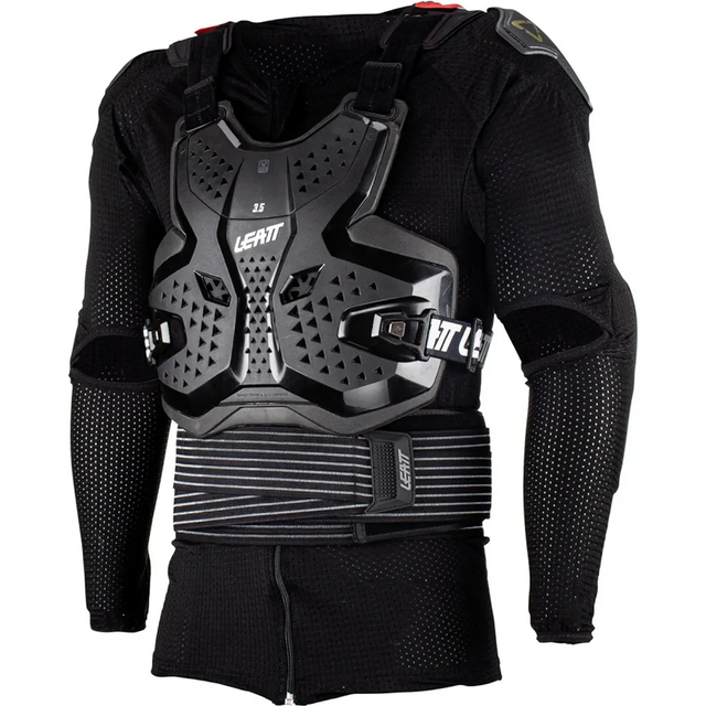 Die Leatt Protektor 3,5 Protektorenjacke in Größe L - schwarz, von Leatt, verfügt über eine schwarze Mesh-Körperpanzerung und einen Brust-/Rückenprotektor. Abgebildet an einem Schaufensterpuppen-Torso. Perfekt als MTB Protektoren oder Offroad Schutzsystem für zusätzliche Sicherheit auf harten Fahrten.
