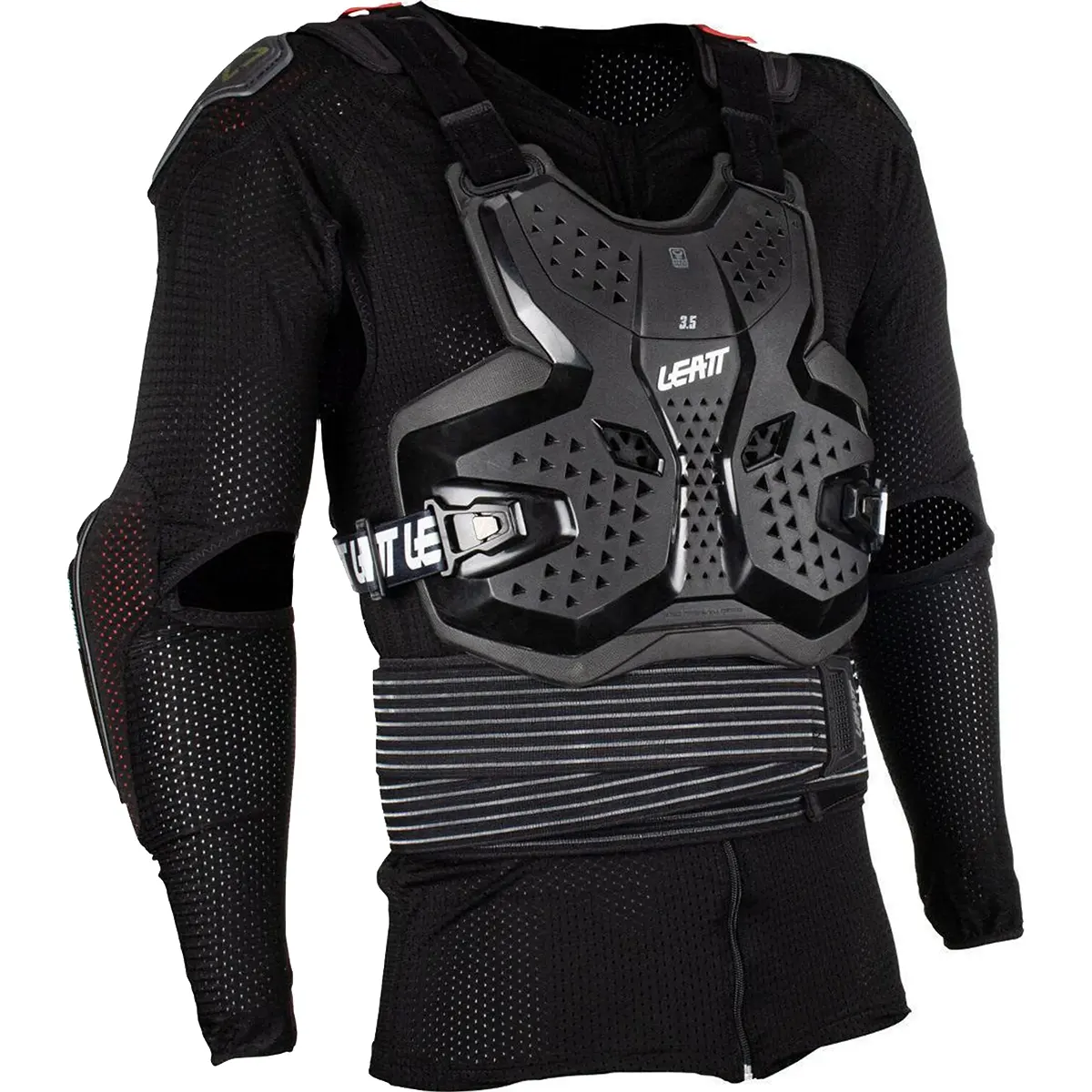 Leatt Protektor 3,5 Protektorenjacke Größe L in schwarz mit Brust-, Schulter- und Armschutz auf einem Mannequin-perfektes Offroad Schutzsystem für Fahrer, die zuverlässige Leatt Qualität suchen.