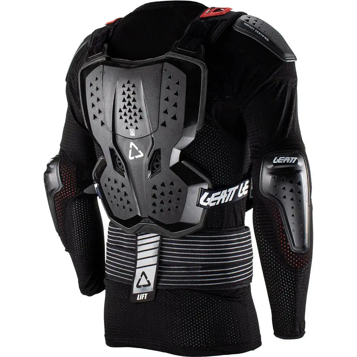 Person trägt Leatt Protektor 3,5 Protektorenjacke in Größe L, schwarz - eine Schutzweste von Leatt mit Schutzsystem für Schulter-, Brust- und Rückenprotektoren, ideal für den ultimativen Offroad-Schutz.