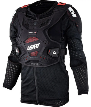 Das Leatt Body Protector AirFlex Woman Protektorenshirt in Größe M (schwarz) verfügt über einen Brust- und Schulterschutz mit weißem Leatt-Logo und bietet fortschrittlichen Motocross-Schutz und Selbstvertrauen für Fahrerinnen.