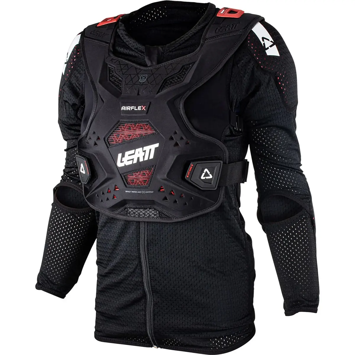 Das Leatt Body Protector AirFlex Woman Protektorenshirt in Größe M (schwarz) verfügt über einen Brust- und Schulterschutz mit weißem Leatt-Logo und bietet fortschrittlichen Motocross-Schutz und Selbstvertrauen für Fahrerinnen.