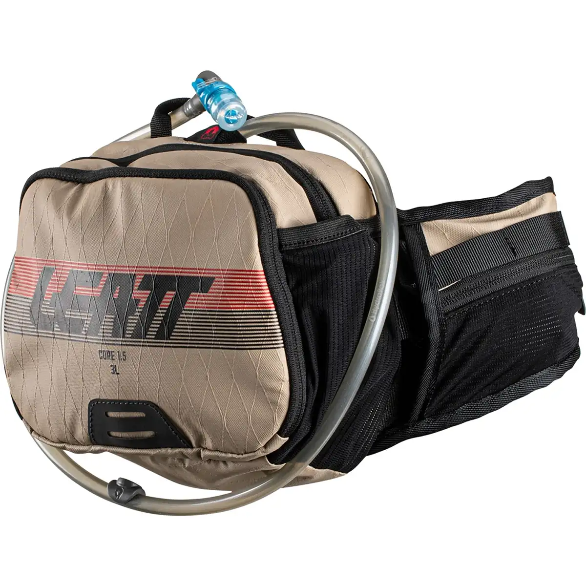 Der beigefarbene Leatt Hydration Core 1.5 Trinkgürtel verfügt über eine Trinkblase, einen Trinkschlauch und eine Fronttasche mit dem Leatt-Logo - perfekt zum Radfahren, Wandern und Trailriding.