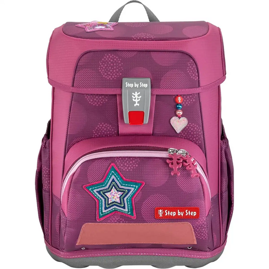 Das Step by Step CLOUD Schulranzen-Set "Glamour Star" (5-teilig) ist ein ultraleichter, ergonomischer Ranzen in Pink und Lila mit Stern- und Herz-Patches sowie Fronttasche.