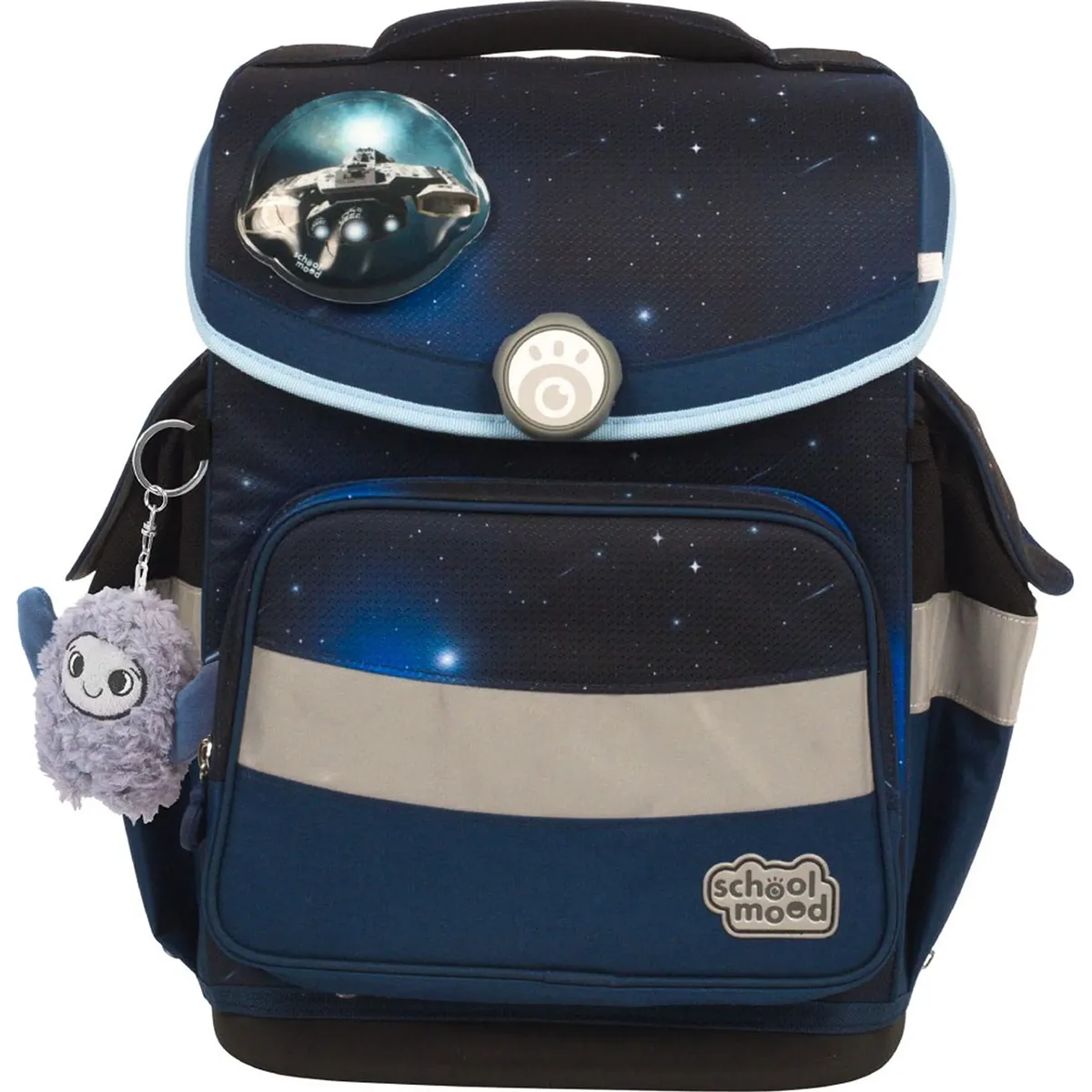 Ergonomisches School-Mood Timeless Schulranzen-Set 7-teilig "Moritz" mit Weltraum-Design, Raumschiff-Badge und flauschigem Anhänger - perfekt für die 1. bis 4. Klasse.