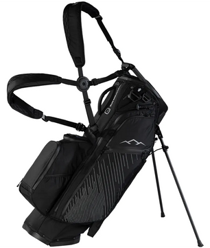Sun Mountain 14-Way Golf-Standbag – schwarz, mit Schultergurten, Seitentaschen und einem weißen Streifenmuster, ausgestattet mit wasserdichten Reißverschlüssen und steht sicher auf ausklappbaren Beinen.