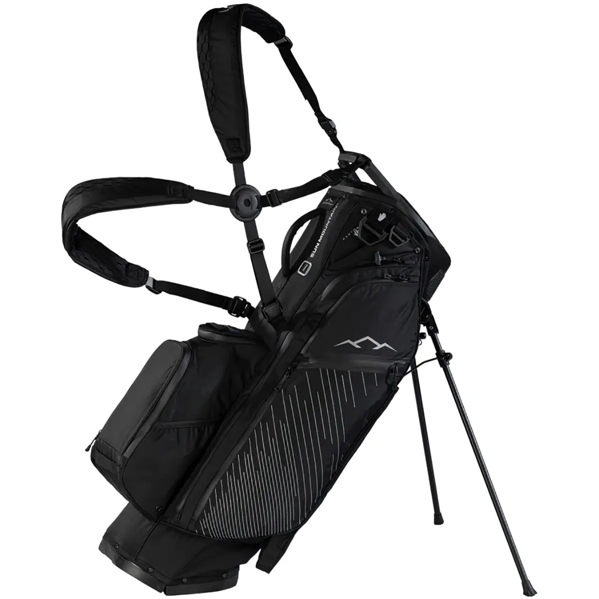 Sun Mountain 14-Way Golf-Standbag – schwarz, mit Schultergurten, Seitentaschen und einem weißen Streifenmuster, ausgestattet mit wasserdichten Reißverschlüssen und steht sicher auf ausklappbaren Beinen.