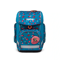 Das ergobag cubo VoltiBär Schulranzen-Set (2023) - 5-teilig zeichnet sich durch einen tealfarbenen Rucksack mit roten und weißen Punkten, Seitentaschen, Reiteraufnäher und ergonomischem Tragesystem für Komfort aus.