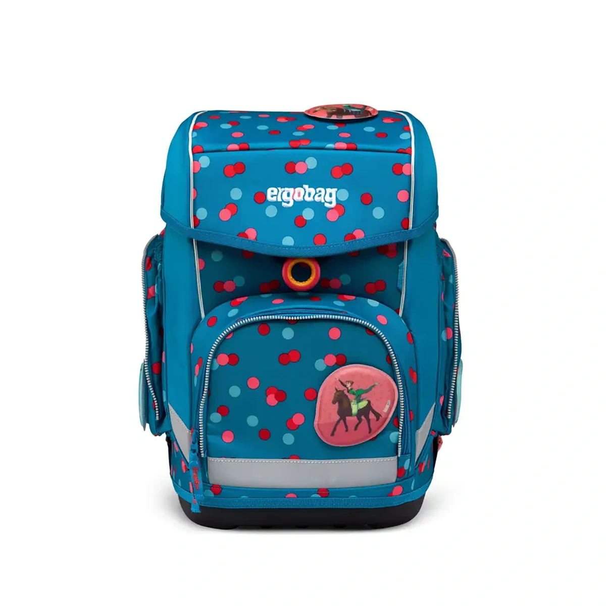 Das ergobag cubo VoltiBär Schulranzen-Set (2023) - 5-teilig zeichnet sich durch einen tealfarbenen Rucksack mit roten und weißen Punkten, Seitentaschen, Reiteraufnäher und ergonomischem Tragesystem für Komfort aus.