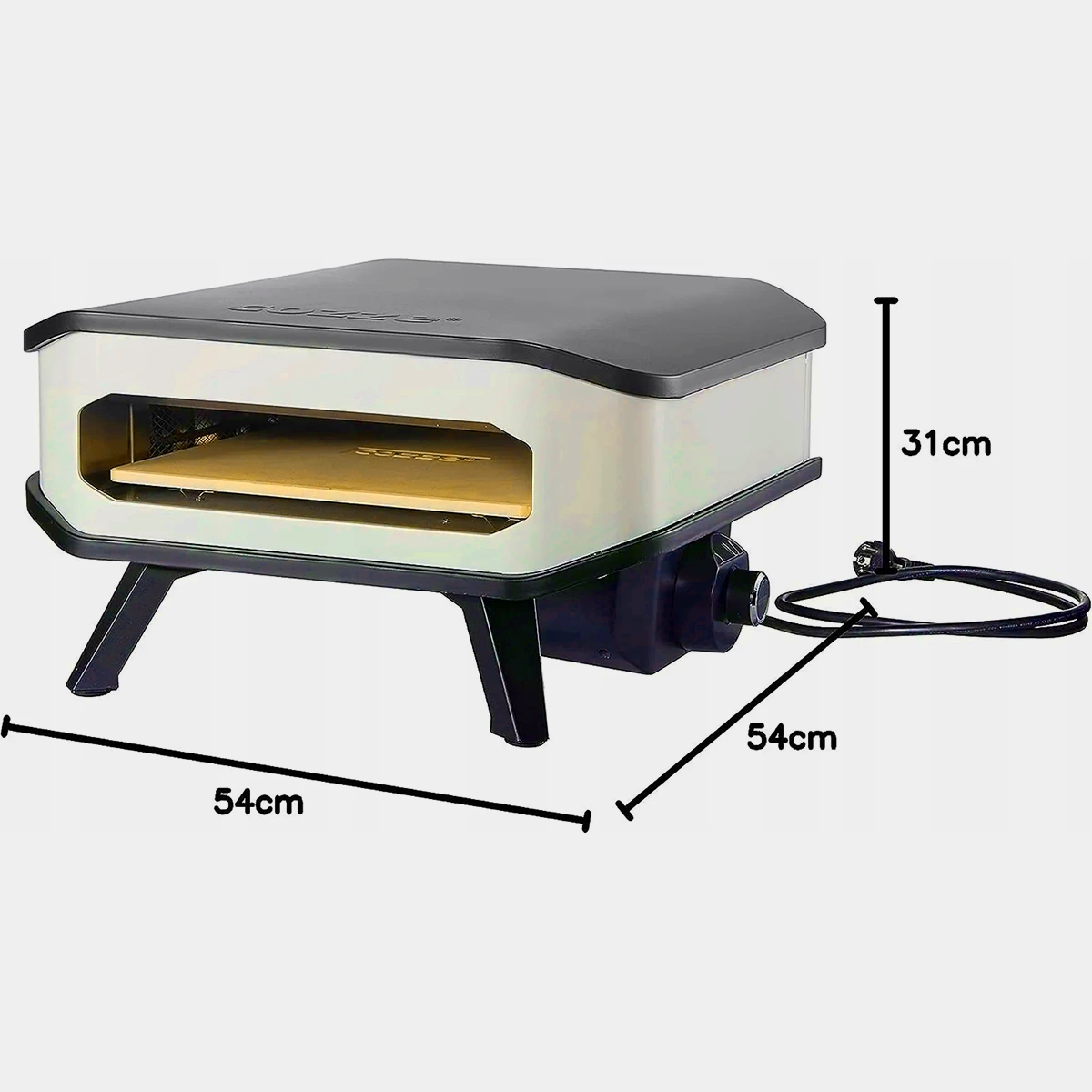 Der Cozze 13" Elektro Pizzaofen von Cozze ist ein rechteckiger, schwarz-weißer Pizzaofen mit Beinen in den Maßen 54x54x31cm, der mit einem Pizzastein und einem angebrachten Stromkabel für eine einfache Nutzung ausgestattet ist.