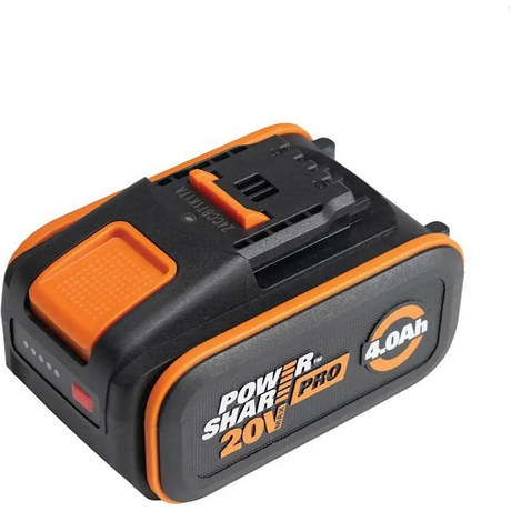 Der WORX PowerShare Pro 20V 4Ah WA3644 Akku in schwarz ist schräg auf einem weißen Hintergrund abgebildet.