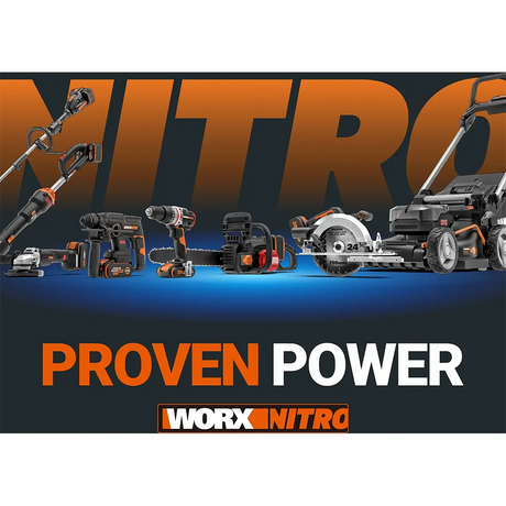 Verbessern Sie Ihre Elektrowerkzeuge und Rasengeräte mit PROVEN POWER, angetrieben vom zuverlässigen WORX PowerShare Pro 20V 4Ah WA3644 Akku - schwarz, mit WORX NITRO im Hintergrund.