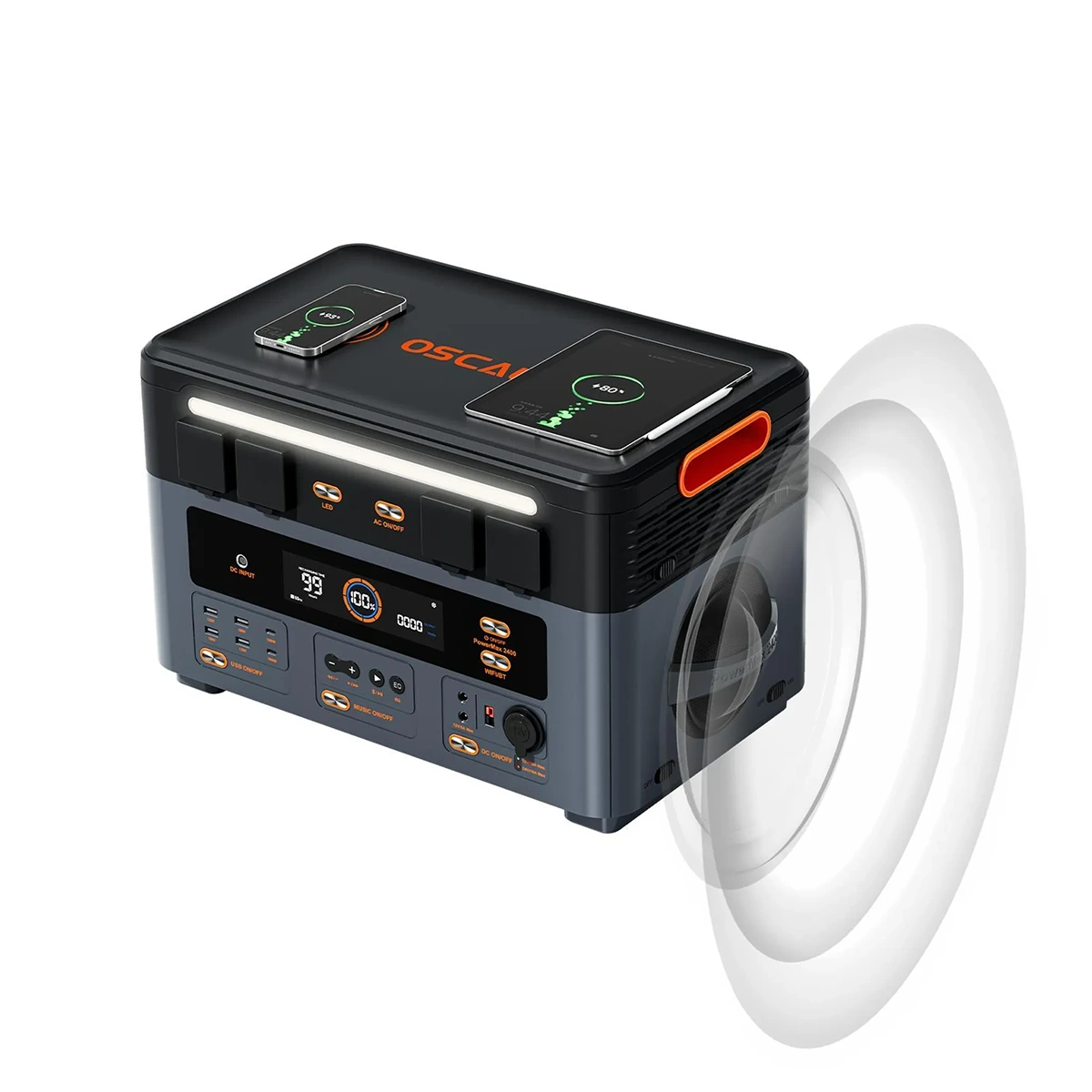 Die OSCAL PowerMax 2400Pro Powerstation in Grau von OSCAL bietet mehrere Ladeanschlüsse, ein kabelloses Ladepad, zuverlässige LiFePO4-Akkutechnologie für die Notstromversorgung sowie einen integrierten Lautsprecher.
