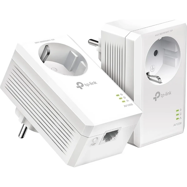 Zwei weiße TP-Link TL-PA7019P KIT AV1000 Powerline-Adapter mit Gigabit-LAN-Ethernet-Anschluss und LED-Anzeigen von TP-Link, aus verschiedenen Blickwinkeln abgebildet.