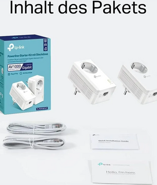 TP-Link TL-PA7019P KIT AV1000 Powerline – weiß: Enthält 2 Powerline-Adapter von TP-Link, 2 Gigabit-LAN-Kabel sowie leicht verständliche Anleitungen, die auf der Produktverpackung abgedruckt sind.