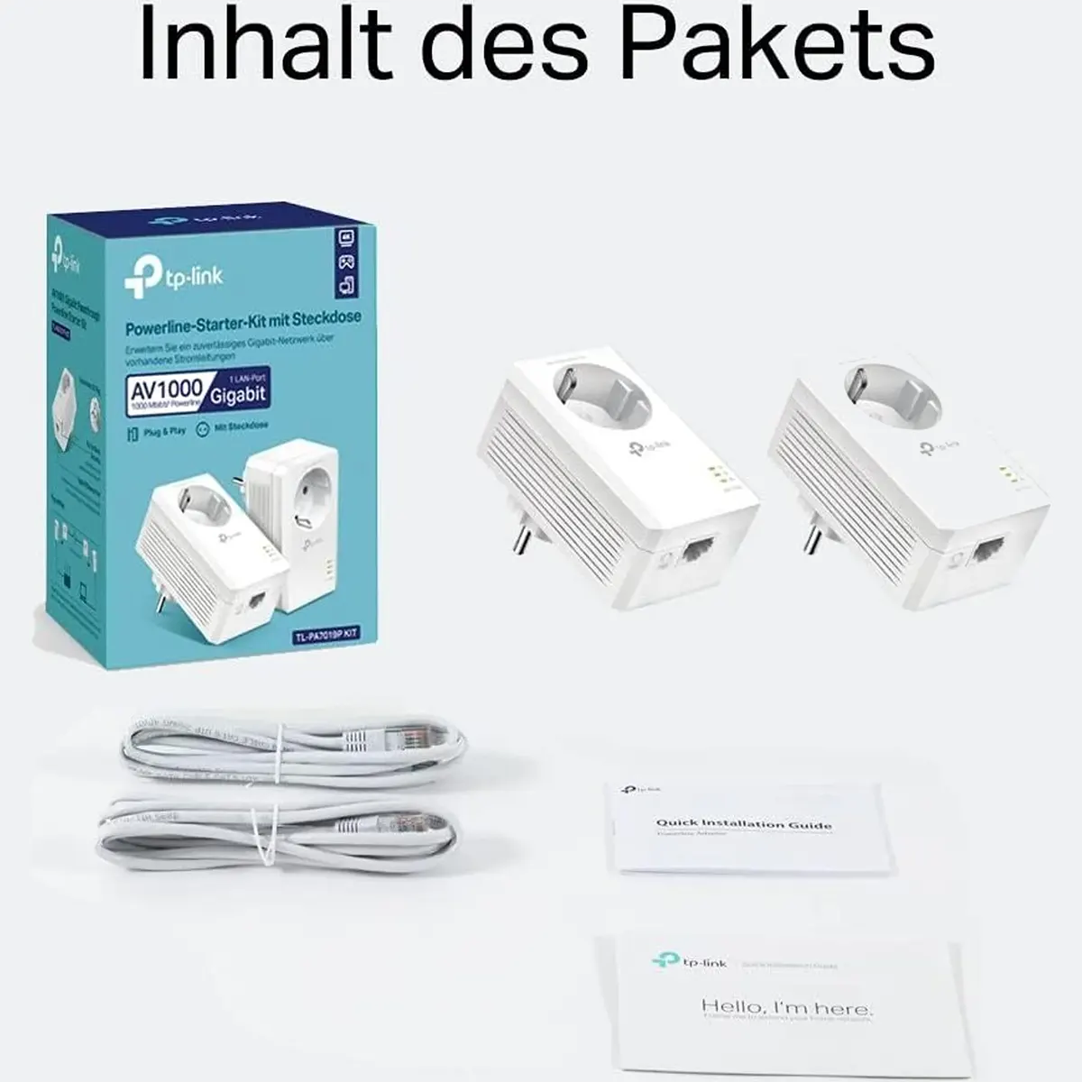 TP-Link TL-PA7019P KIT AV1000 Powerline – weiß: Enthält 2 Powerline-Adapter von TP-Link, 2 Gigabit-LAN-Kabel sowie leicht verständliche Anleitungen, die auf der Produktverpackung abgedruckt sind.