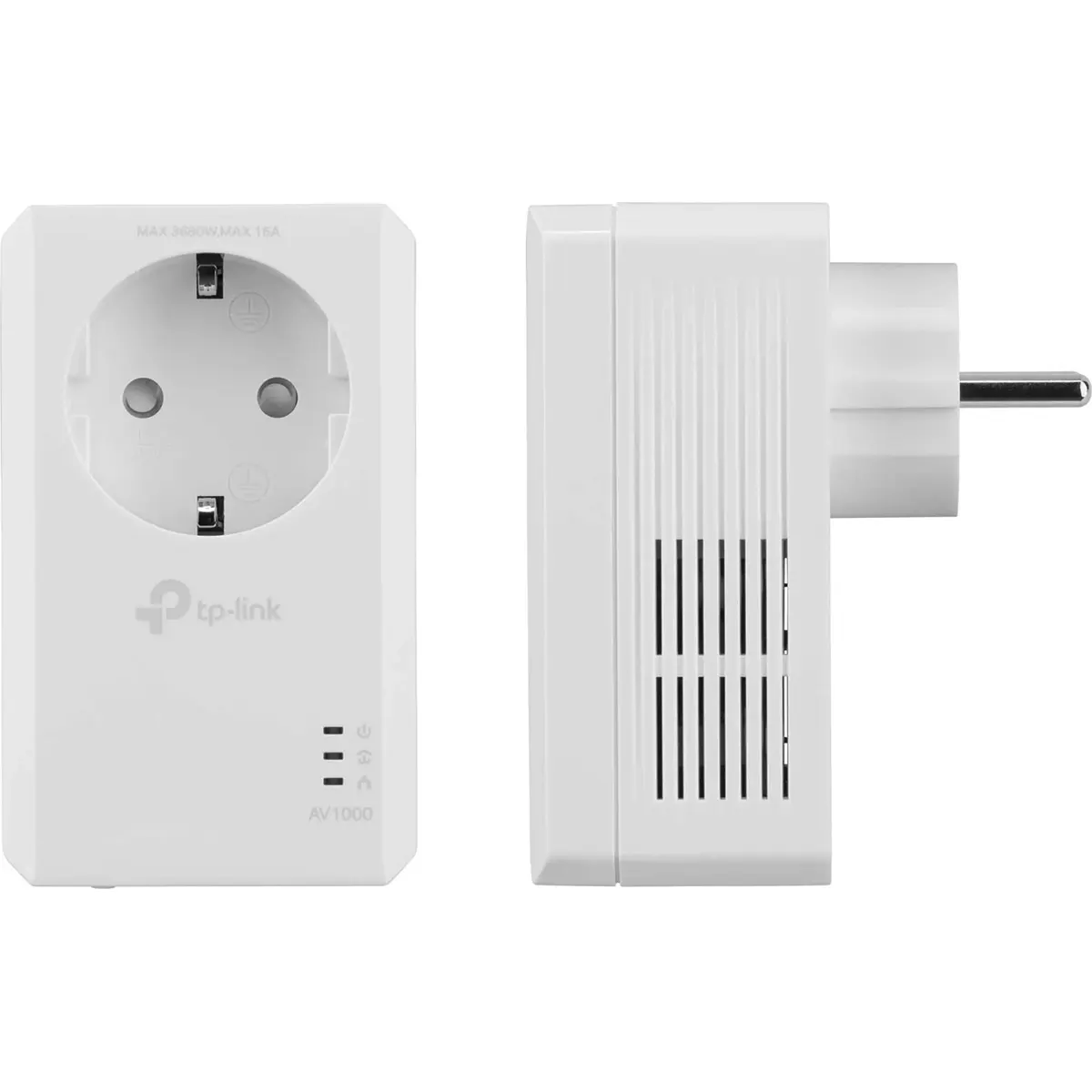 Zwei Ansichten des TP-Link TL-PA7019P KIT AV1000 Powerline-Adapters in Weiß, ausgestattet mit einem Stecker, einer Steckdose, Kontrollleuchten und einem Gigabit-LAN-Anschluss für schnelle kabelgebundene Verbindungen.