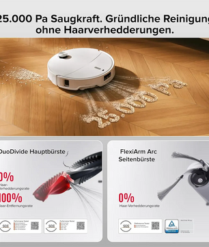 Der Roborock Qrevo Curv 2 Pro – weiß von Roborock entfernt verschüttetes Müsli mit starker Saugkraft und verwicklungsfreien Bürsten und verfügt zudem über eine multifunktionale Ladestation für eine einfache Reinigung.