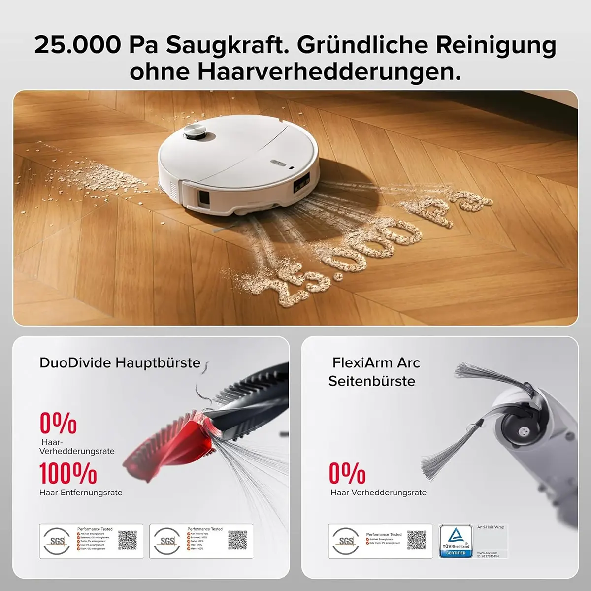 Der Roborock Qrevo Curv 2 Pro – weiß von Roborock entfernt verschüttetes Müsli mit starker Saugkraft und verwicklungsfreien Bürsten und verfügt zudem über eine multifunktionale Ladestation für eine einfache Reinigung.