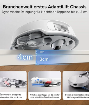 Der Roborock Qrevo Curv 2 Pro – weiß von Roborock verfügt über einen 4 cm hohen Wischaufsatz, eine Selbstreinigungsfunktion und eine multifunktionale Ladestation – ideal für hochflorige Teppiche.