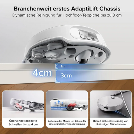 Der Roborock Qrevo Curv 2 Pro – weiß von Roborock verfügt über einen 4 cm hohen Wischaufsatz, eine Selbstreinigungsfunktion und eine multifunktionale Ladestation – ideal für hochflorige Teppiche.