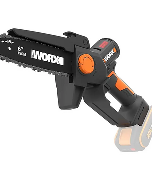 Die WORX 20V WG327E.9 Akku-Astsäge in Schwarz, eine kabellose 6-Zoll-Mini-Kettensäge mit schwarz-orangefarbenem Griff, verfügt über einen bürstenlosen Motor für effiziente Leistung. Diese kompakte Gartensäge von WORX ist für den bequemen Einsatz bei Gartenarbeiten konzipiert; Akku nicht im Lieferumfang enthalten.