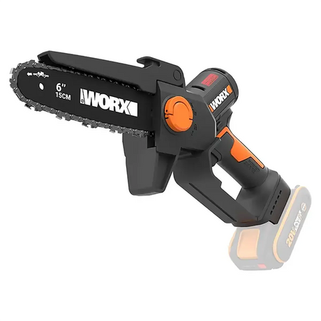 Die WORX 20V WG327E.9 Akku-Astsäge in Schwarz, eine kabellose 6-Zoll-Mini-Kettensäge mit schwarz-orangefarbenem Griff, verfügt über einen bürstenlosen Motor für effiziente Leistung. Diese kompakte Gartensäge von WORX ist für den bequemen Einsatz bei Gartenarbeiten konzipiert; Akku nicht im Lieferumfang enthalten.