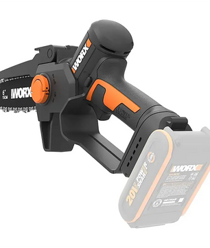 Eine schwarze WORX 20V WG327E.9 Akku-Ast-Säge verfügt über einen leistungsstarken bürstenlosen Motor, einen sichtbaren 20-V-Akku und ein 6-Zoll-Sägeblatt – damit eignet sich diese kompakte Gartensäge von WORX ideal für Präzisionsarbeiten in Ihrem Garten.