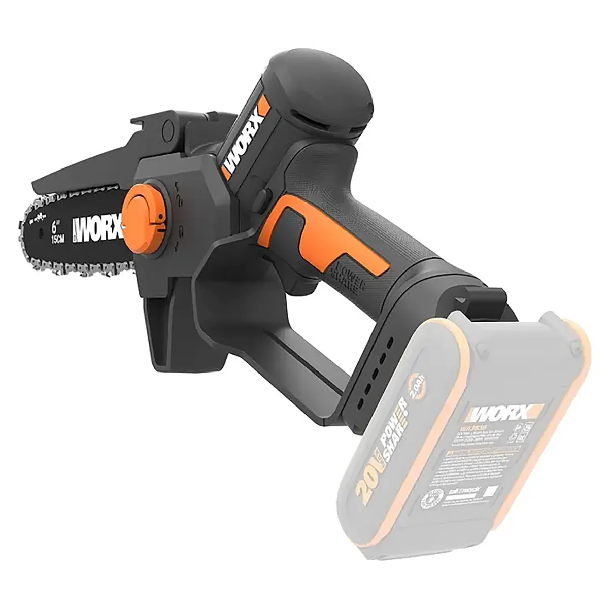 Eine schwarze WORX 20V WG327E.9 Akku-Ast-Säge verfügt über einen leistungsstarken bürstenlosen Motor, einen sichtbaren 20-V-Akku und ein 6-Zoll-Sägeblatt – damit eignet sich diese kompakte Gartensäge von WORX ideal für Präzisionsarbeiten in Ihrem Garten.