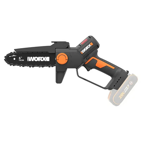 Die WORX 20V WG327E.9 Akku-Astsäge in Schwarz und Orange ist eine kabellose Mini-Kettensäge mit bürstenlosem Motor, einem 6-Zoll-Sägeblatt, einem gut sichtbaren Akku und der Leistung einer kompakten Gartensäge für effiziente Gartenarbeiten.