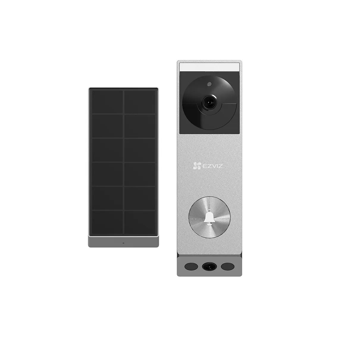 Die EZVIZ EP3x Pro Video-Türklingel – grau von EZVIZ mit 2K-Auflösung zeichnet sich durch einen runden Klingelknopf neben einem rechteckigen, schwarzen Solarpanel auf weißem Hintergrund aus.