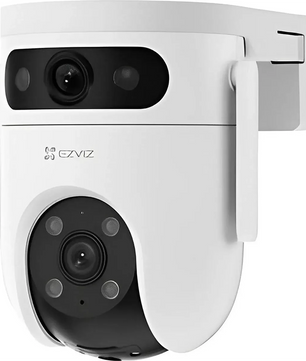Die EZVIZ H9c Dual 2K-Überwachungskamera in Weiß ist eine Außenüberwachungskamera mit Dual-Objektiv-System und Infrarotsensoren, die eine 2K-Auflösung bietet und an einer Wandhalterung befestigt wird.