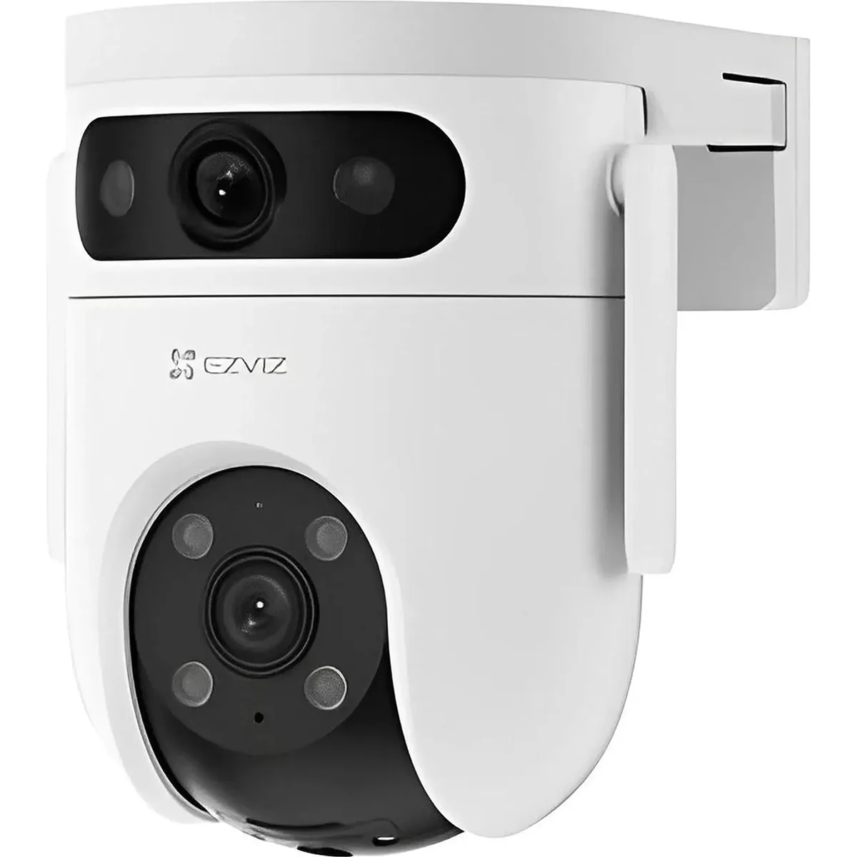 Die EZVIZ H9c Dual 2K-Überwachungskamera in Weiß ist eine Außenüberwachungskamera mit Dual-Objektiv-System und Infrarotsensoren, die eine 2K-Auflösung bietet und an einer Wandhalterung befestigt wird.