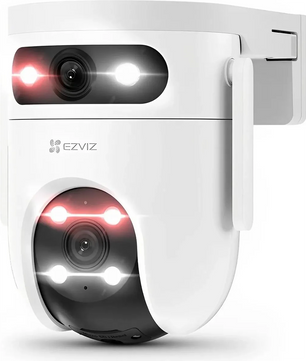 Die EZVIZ H9c Dual 2K-Überwachungskamera in Weiß, ausgestattet mit einem Dual-Objektiv-System und frontseitigen LED-Leuchten, eignet sich für die Wandmontage und bietet eine hochauflösende 2K-IP-Überwachung im Außenbereich.