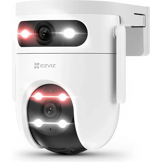 Die EZVIZ H9c Dual 2K-Überwachungskamera in Weiß, ausgestattet mit einem Dual-Objektiv-System und frontseitigen LED-Leuchten, eignet sich für die Wandmontage und bietet eine hochauflösende 2K-IP-Überwachung im Außenbereich.