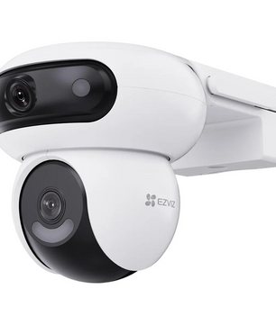 Weiße EZVIZ H90 Dual 2K+ Sicherheitskamera, montiert an einer Wandhalterung, mit dem an der Seite sichtbaren EZVIZ-Logo – eine weiße Dual-Objektiv-Sicherheitskamera mit 2K+-Auflösung und fortschrittlicher KI-Erkennung für verbesserten Schutz.