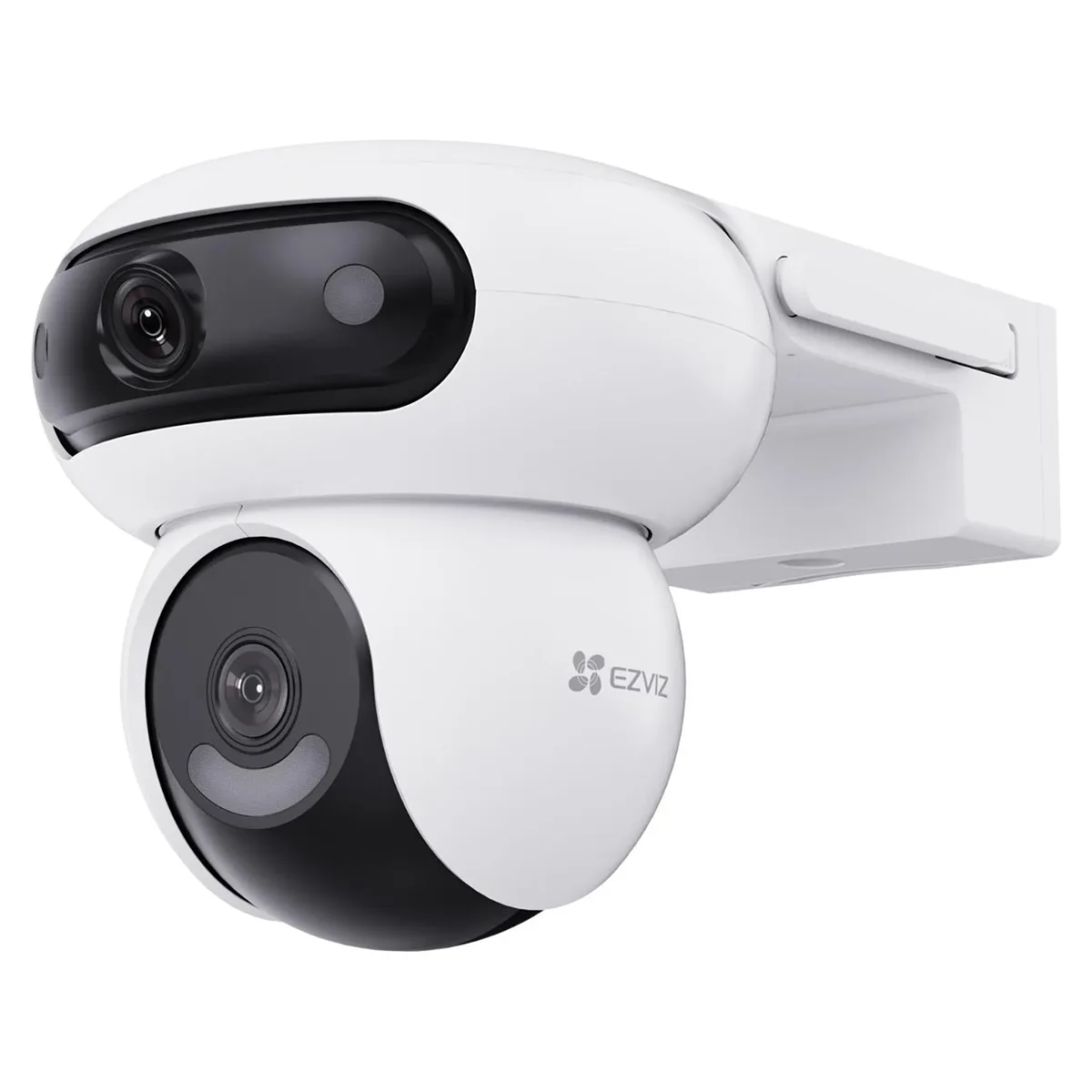 Weiße EZVIZ H90 Dual 2K+ Sicherheitskamera, montiert an einer Wandhalterung, mit dem an der Seite sichtbaren EZVIZ-Logo – eine weiße Dual-Objektiv-Sicherheitskamera mit 2K+-Auflösung und fortschrittlicher KI-Erkennung für verbesserten Schutz.