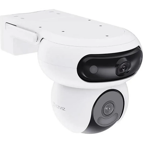 Die EZVIZ H90 Dual 2K+ Sicherheitskamera in Weiß, eine Überwachungskamera mit zwei Objektiven von EZVIZ, ist an einer Wandhalterung vor einem schlichten weißen Hintergrund angebracht und verfügt über eine fortschrittliche 2K+-Auflösung sowie intelligente KI-Erkennung für eine verbesserte Sicherheitsüberwachung.