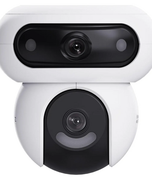 Die EZVIZ H90 Dual 2K+ Sicherheitskamera in Weiß von EZVIZ besticht durch ihr markantes schwarz-weißes Design mit zwei Objektiven, die an ein Robotergesicht erinnern, und bietet eine scharfe 2K+-Auflösung sowie fortschrittliche KI-Erkennung für zuverlässige Smart-Home-Sicherheit.