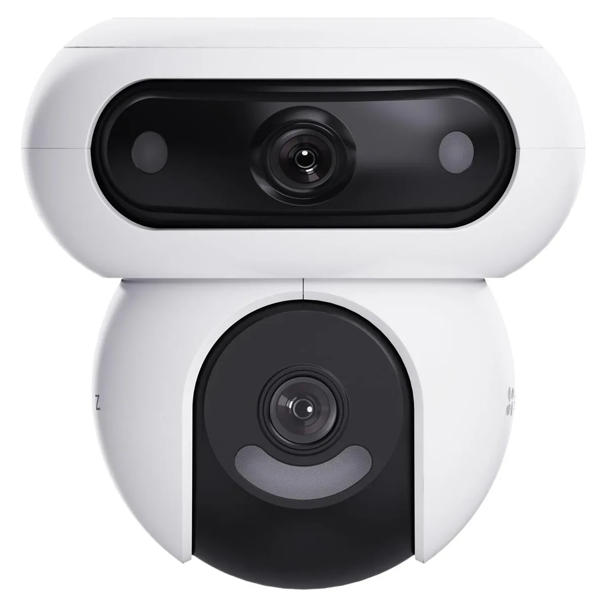 Die EZVIZ H90 Dual 2K+ Sicherheitskamera in Weiß von EZVIZ besticht durch ihr markantes schwarz-weißes Design mit zwei Objektiven, die an ein Robotergesicht erinnern, und bietet eine scharfe 2K+-Auflösung sowie fortschrittliche KI-Erkennung für zuverlässige Smart-Home-Sicherheit.