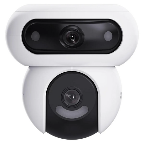 Die EZVIZ H90 Dual 2K+ Sicherheitskamera in Weiß von EZVIZ besticht durch ihr markantes schwarz-weißes Design mit zwei Objektiven, die an ein Robotergesicht erinnern, und bietet eine scharfe 2K+-Auflösung sowie fortschrittliche KI-Erkennung für zuverlässige Smart-Home-Sicherheit.