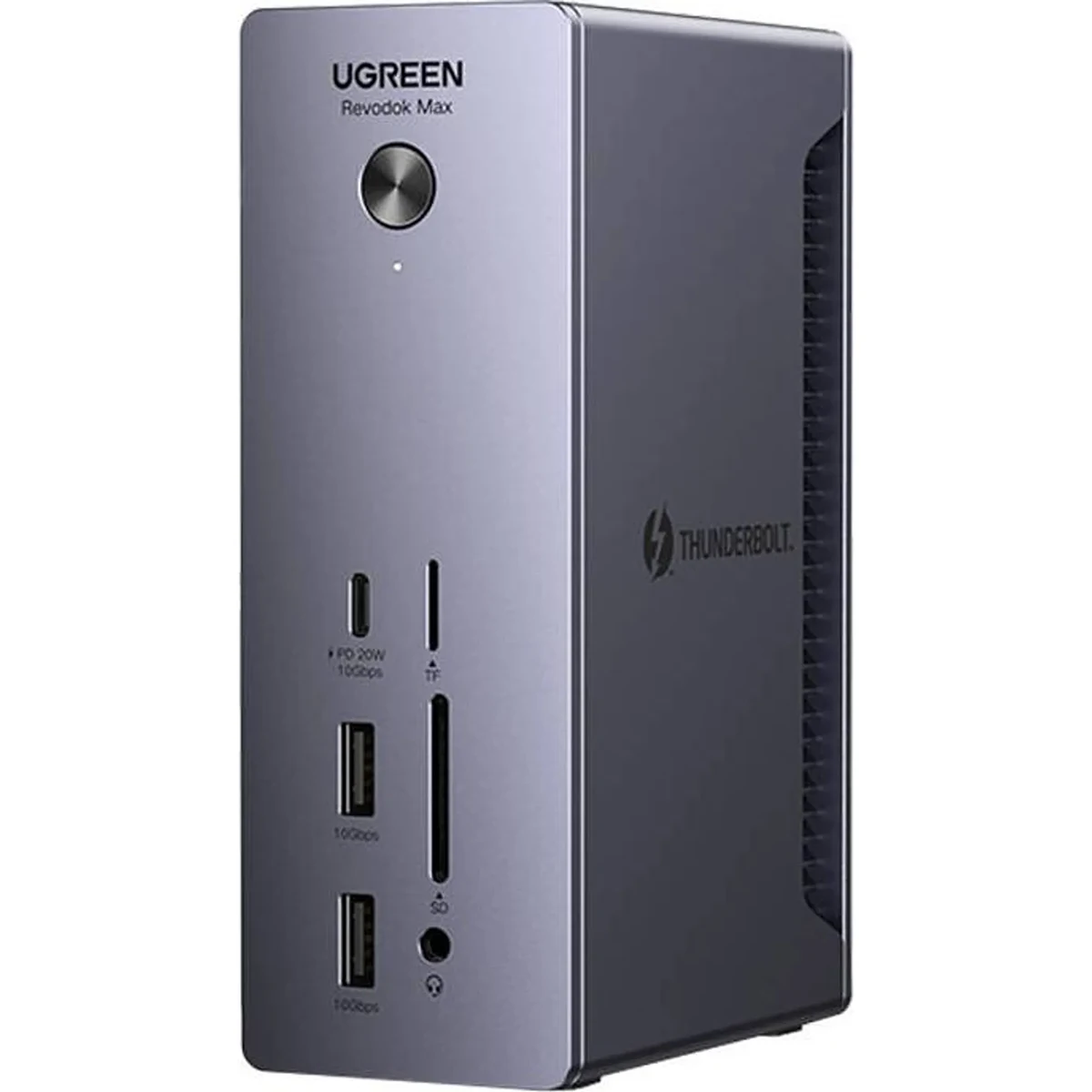 Die Ugreen U710 13-in-1 Docking Station verfügt über mehrere Anschlüsse an der Vorderseite und bietet nahtlose Konnektivität für alle Ihre Geräte in einem eleganten, silbernen Design.