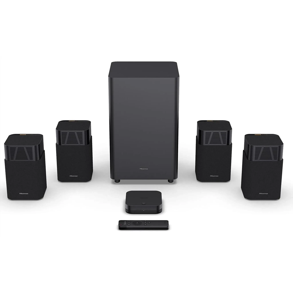 Das Hisense HT Saturn Surround-Sound - schwarz verfügt über vier Lautsprecher, einen kabellosen Subwoofer, eine Medienbox und eine Fernbedienung. Genießen Sie immersiven Klang mit Dolby Atmos von Hisense für ein außergewöhnliches Surround-Sound-Erlebnis.