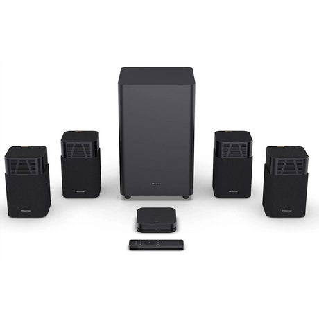 Das Hisense HT Saturn Surround-Sound - schwarz verfügt über vier Lautsprecher, einen kabellosen Subwoofer, eine Medienbox und eine Fernbedienung. Genießen Sie immersiven Klang mit Dolby Atmos von Hisense für ein außergewöhnliches Surround-Sound-Erlebnis.